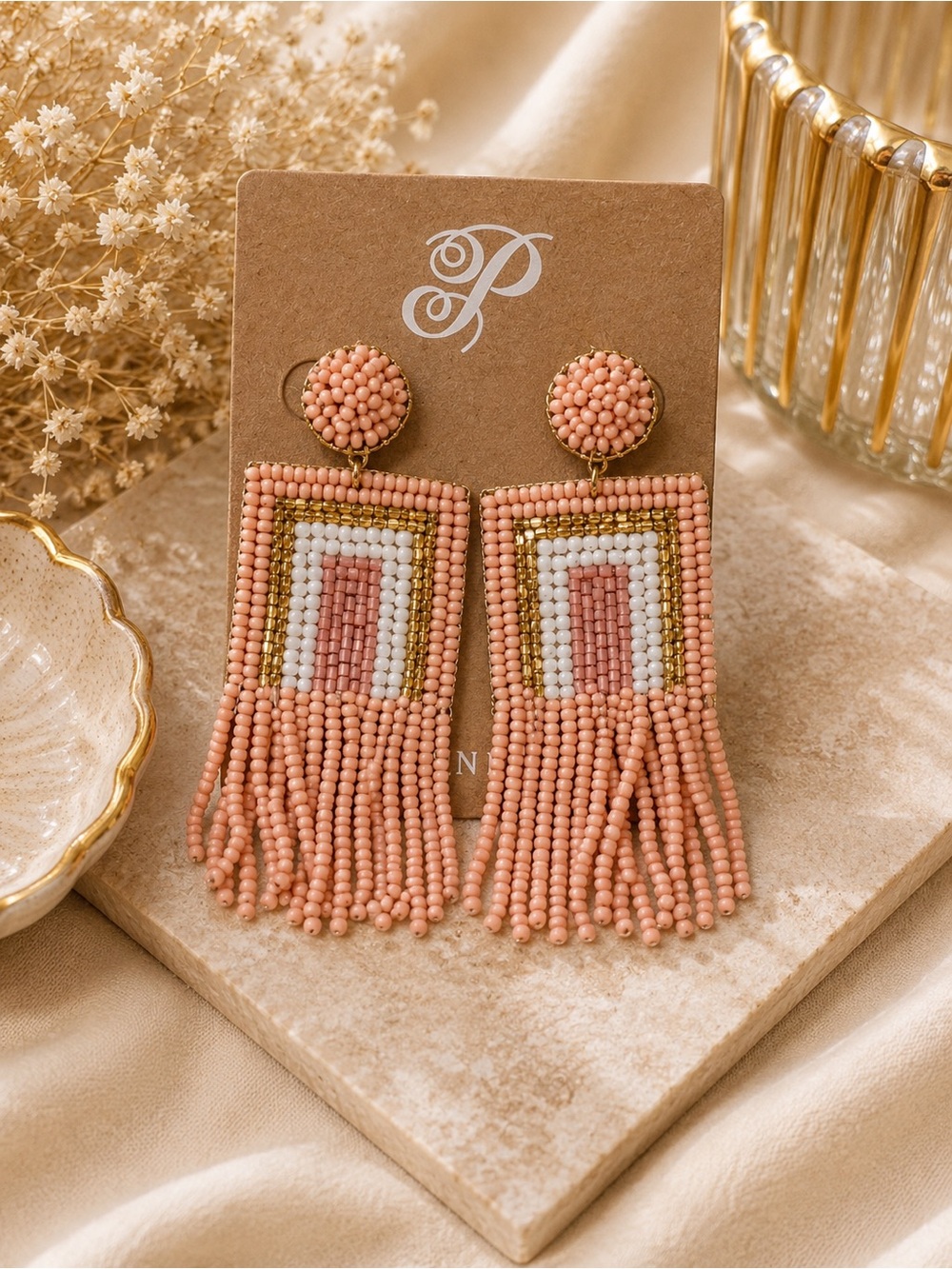 Plunder Peach & White Beaded Fringe Earrings